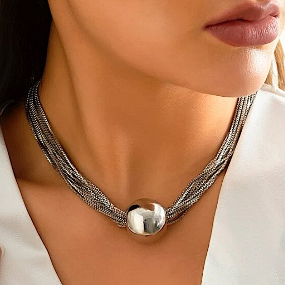 Sterling Silver Multilayered Chain Ball Choker
